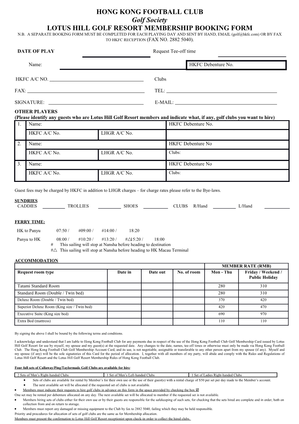 Lotus Hill Golf Resort Membership Booking Form