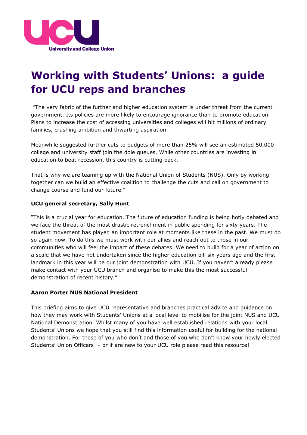 Working with Students Unions: a Guide for UCU Reps and Branches