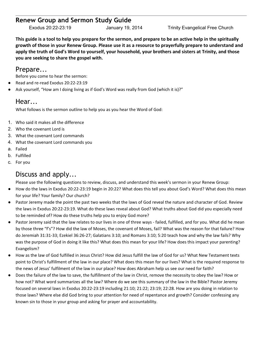 January, 19, 2014, Exodus 20:22-23:19, Renew Group Study Guide