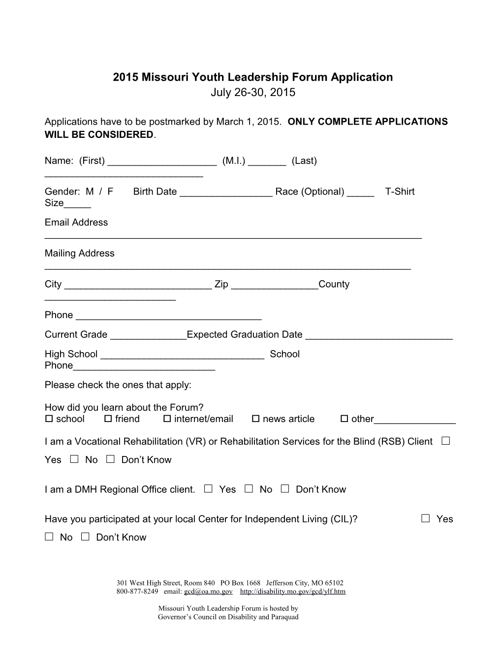 2015 Missouri Youth Leadership Forum Application