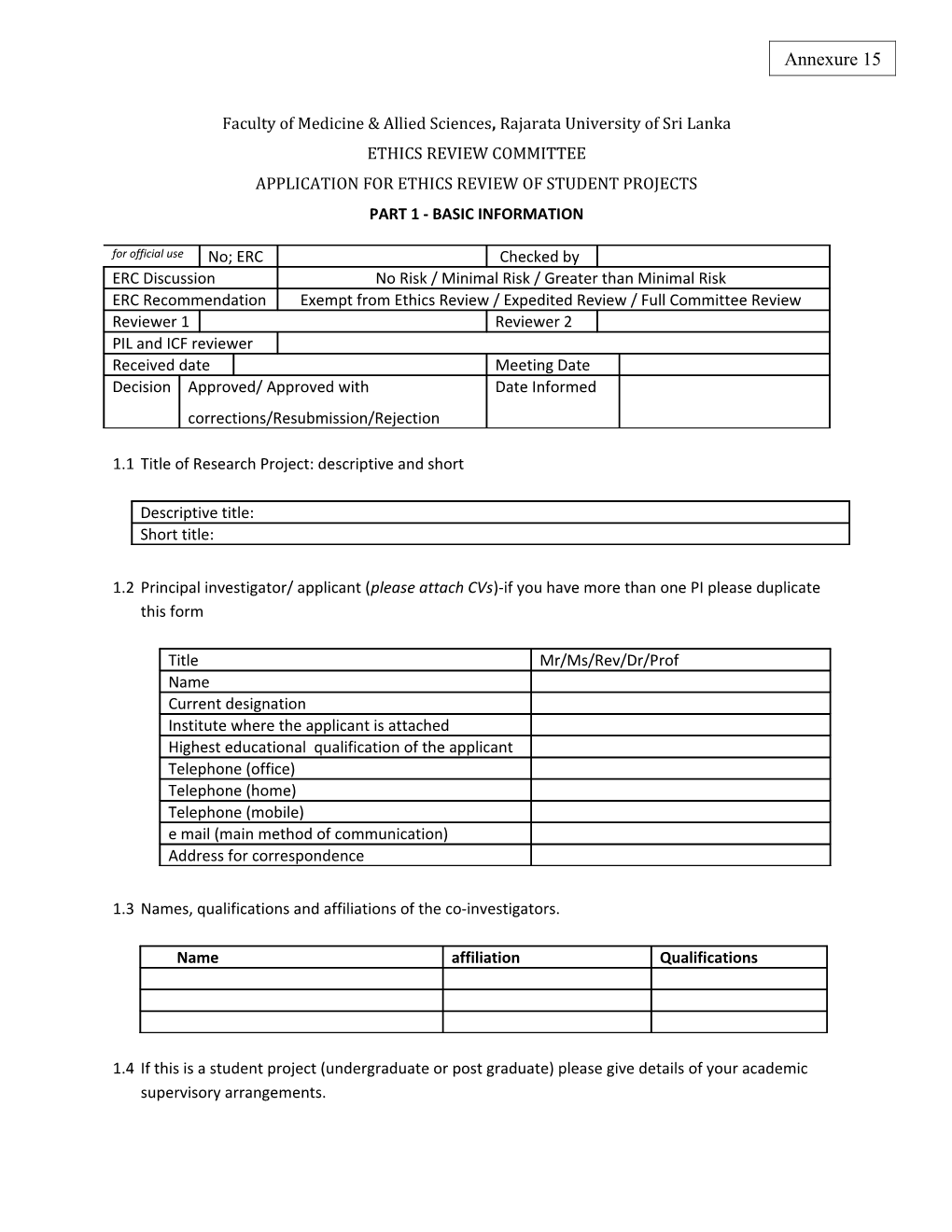 Application for Ethics Review of Student Projects