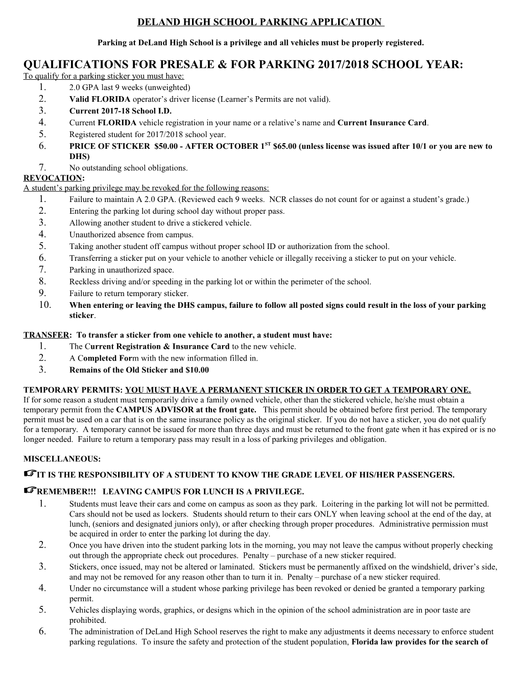 Deland High School Parking Application