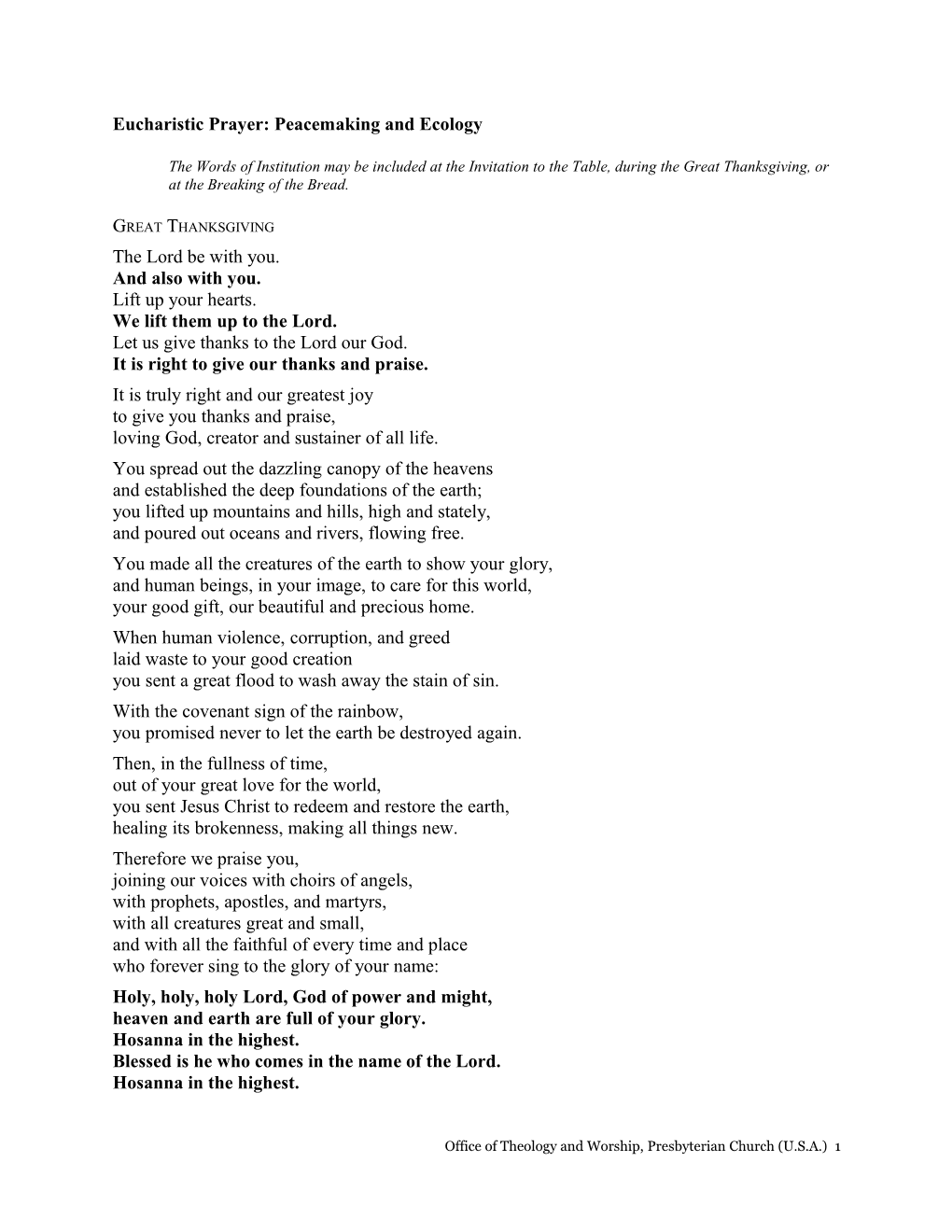 Eucharistic Prayer: Peacemaking and Ecology