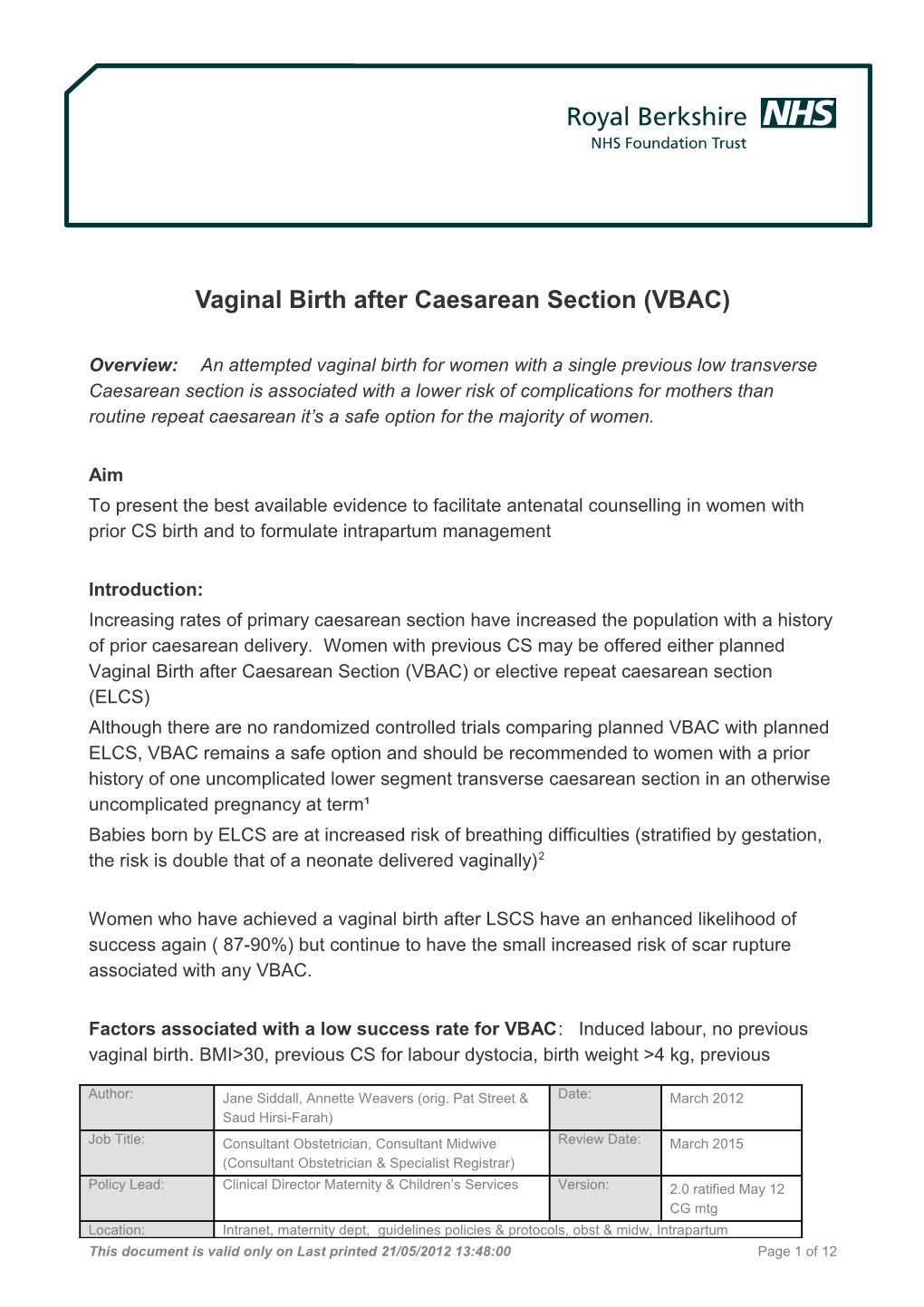 Vaginal Birth After Caesarean Section (VBAC)