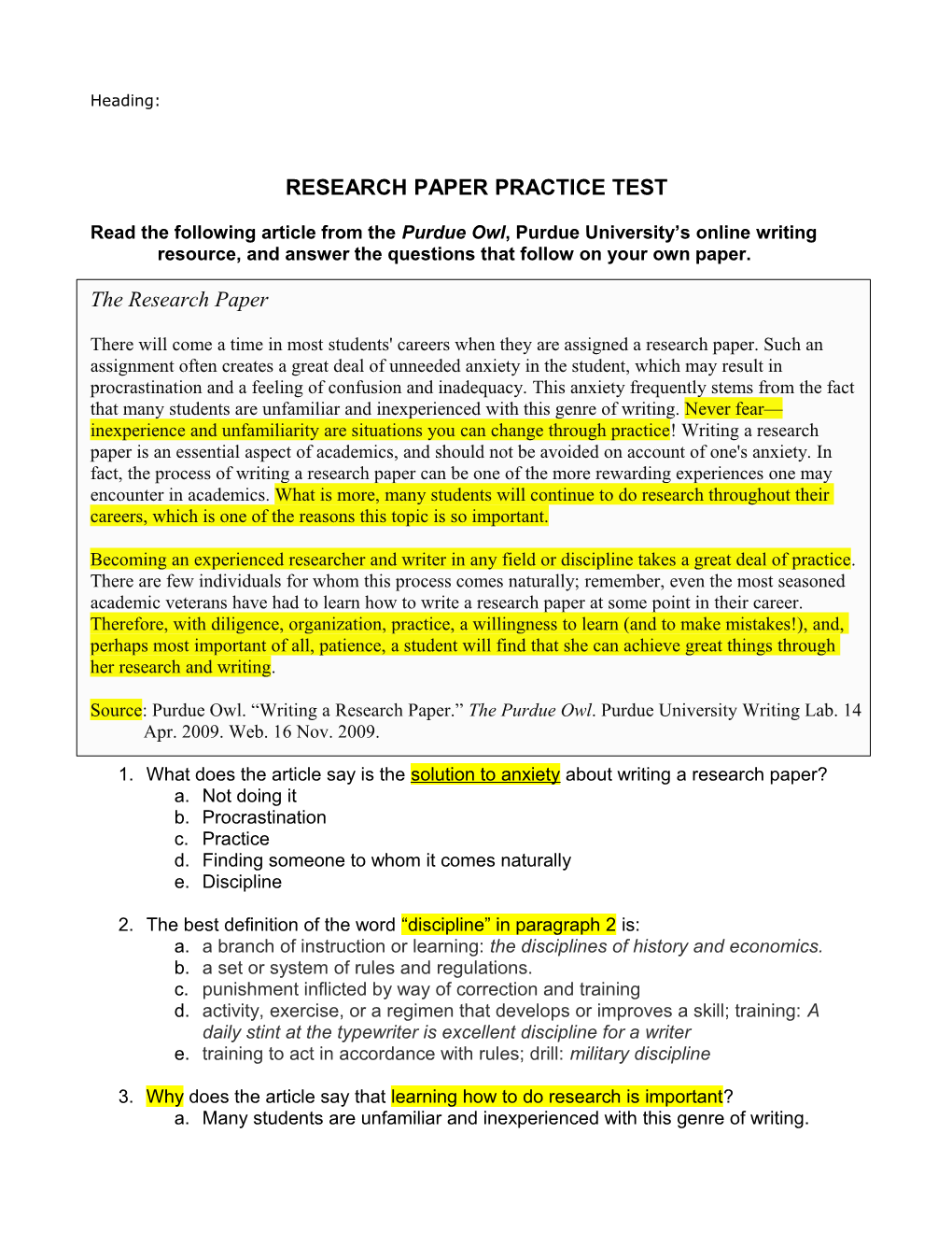 Research Paper Practice Test