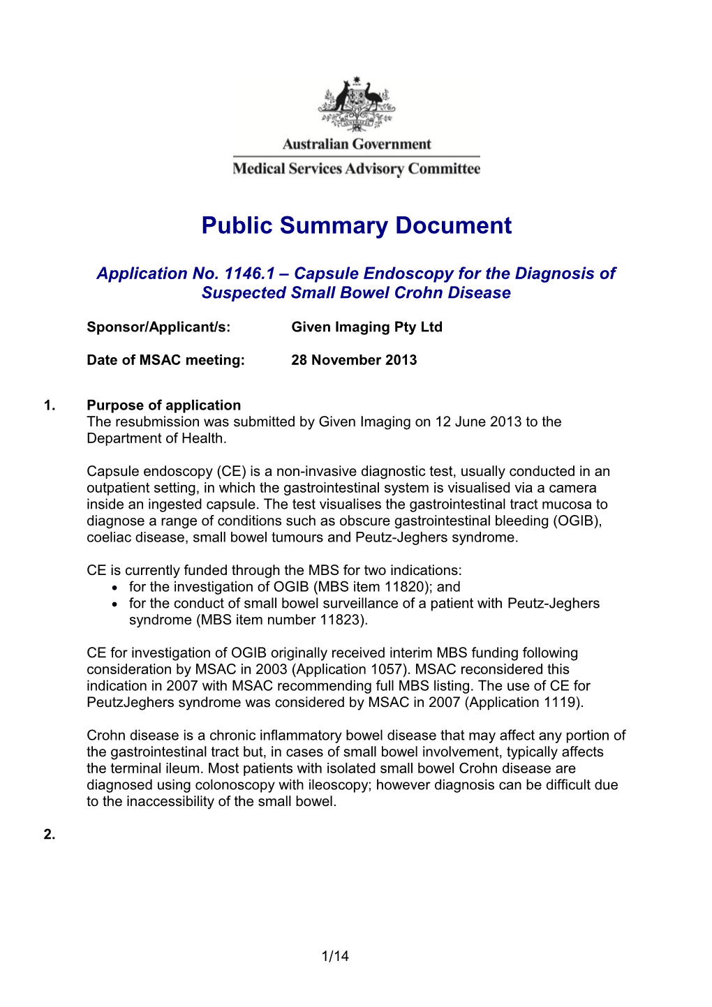 Application No. 1146.1 Capsule Endoscopy for the Diagnosis of Suspected Small Bowel Crohn