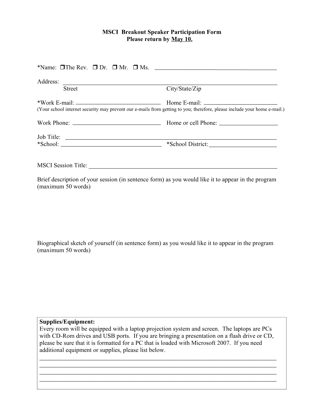 MSCI 2004 Breakout Speaker Participation Form