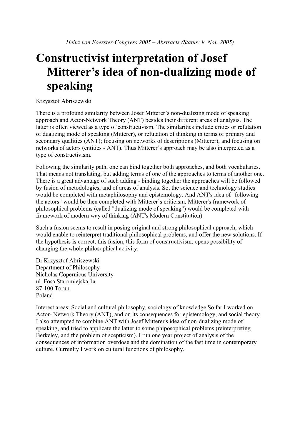 Constructivist Interpretation of Josef Mitterer S Idea of Non-Dualizing Mode of Speaking