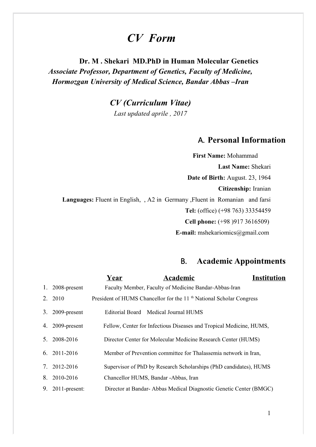 Dr. M . Shekari MD.Phd in Human Molecular Genetics