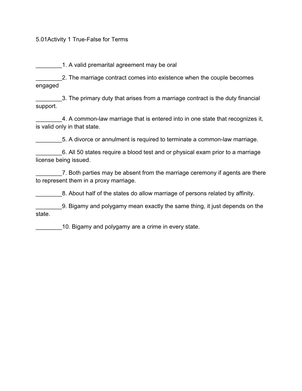 5.01Activity 1 True-False for Terms