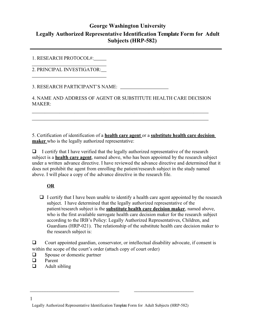 Legallyauthorizedrepresentative Identificationtemplate Form Foradultsubjects (HRP-582)