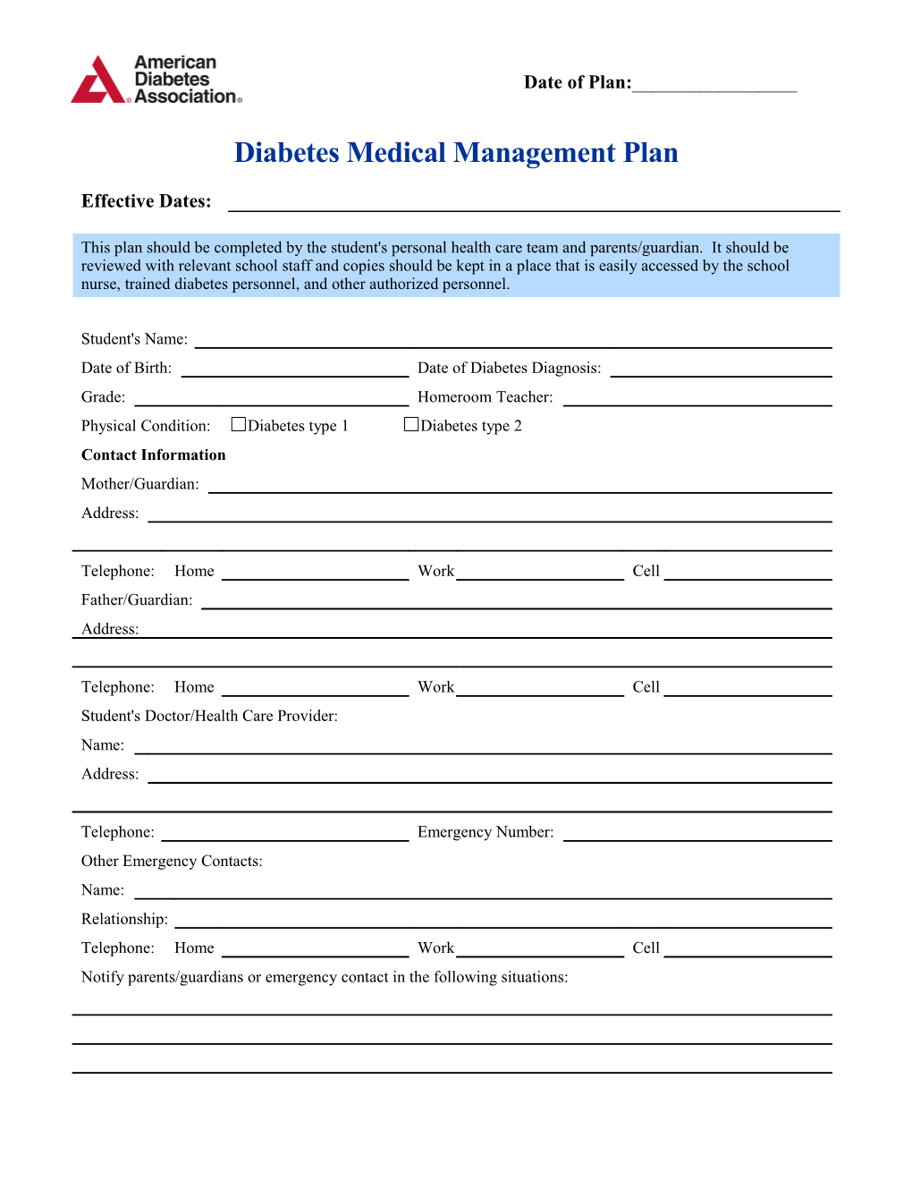 Diabetes Medical Management Plan Continued 1