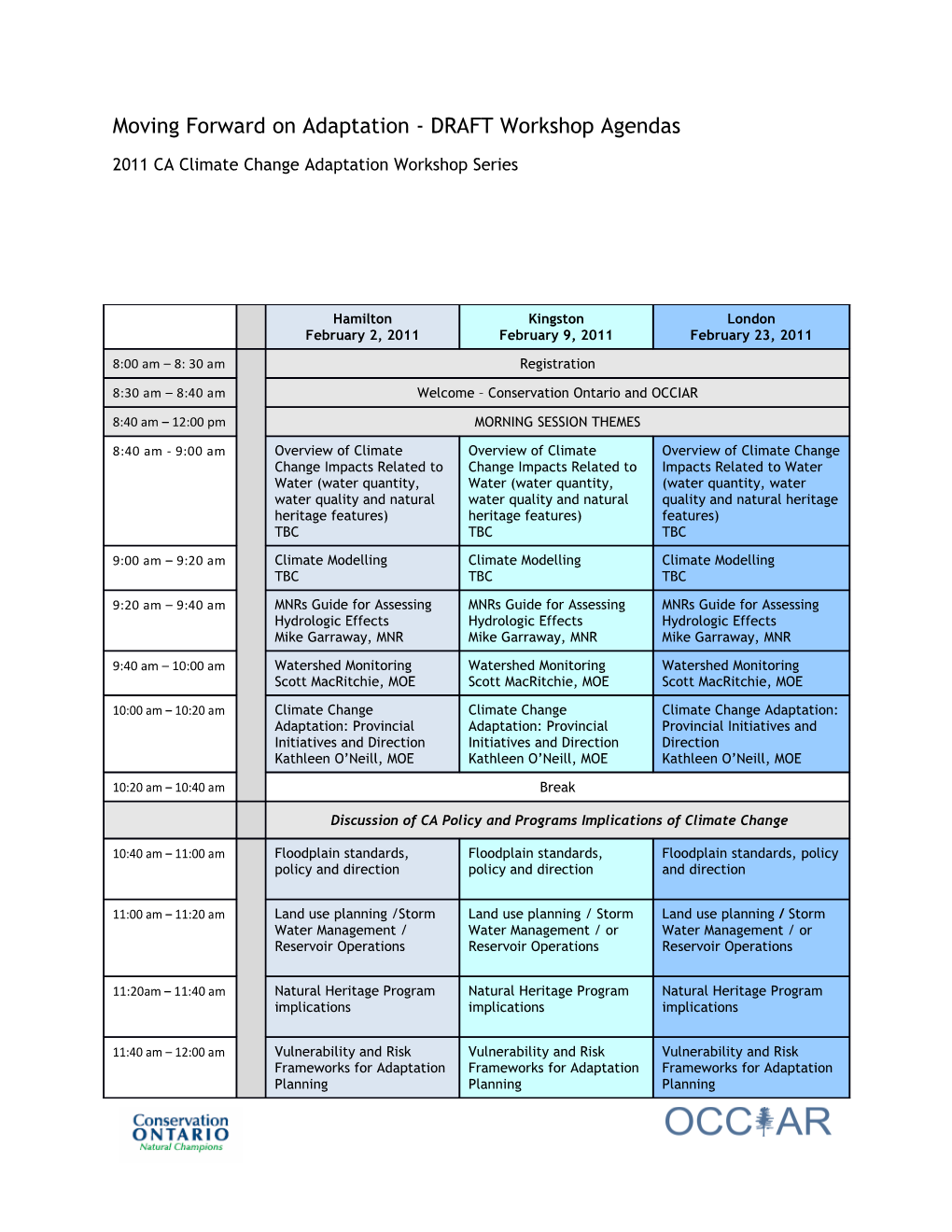 Moving Forward on Adaptation - DRAFT Workshop Agendas