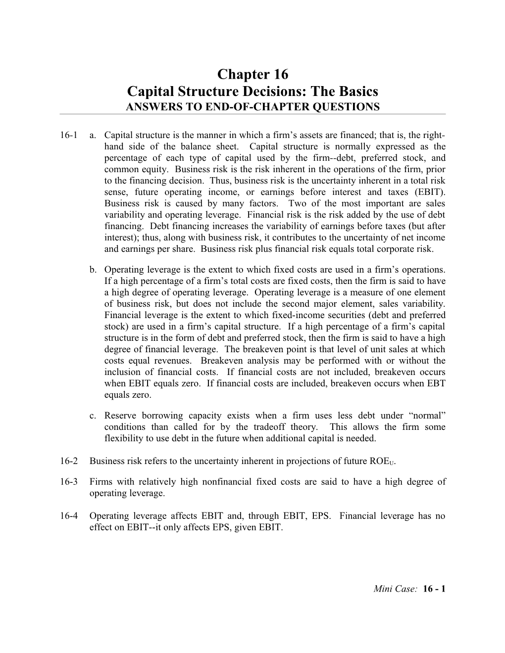 Capital Structure, Instructor's Manual