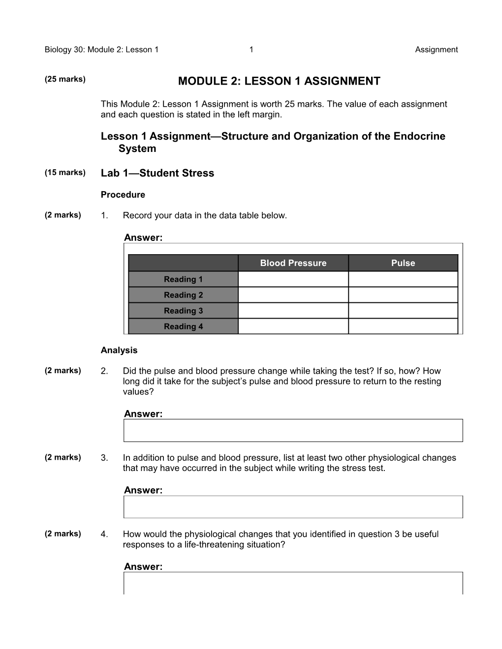 Lesson 1 Assignment Structure and Organization of the Endocrine System