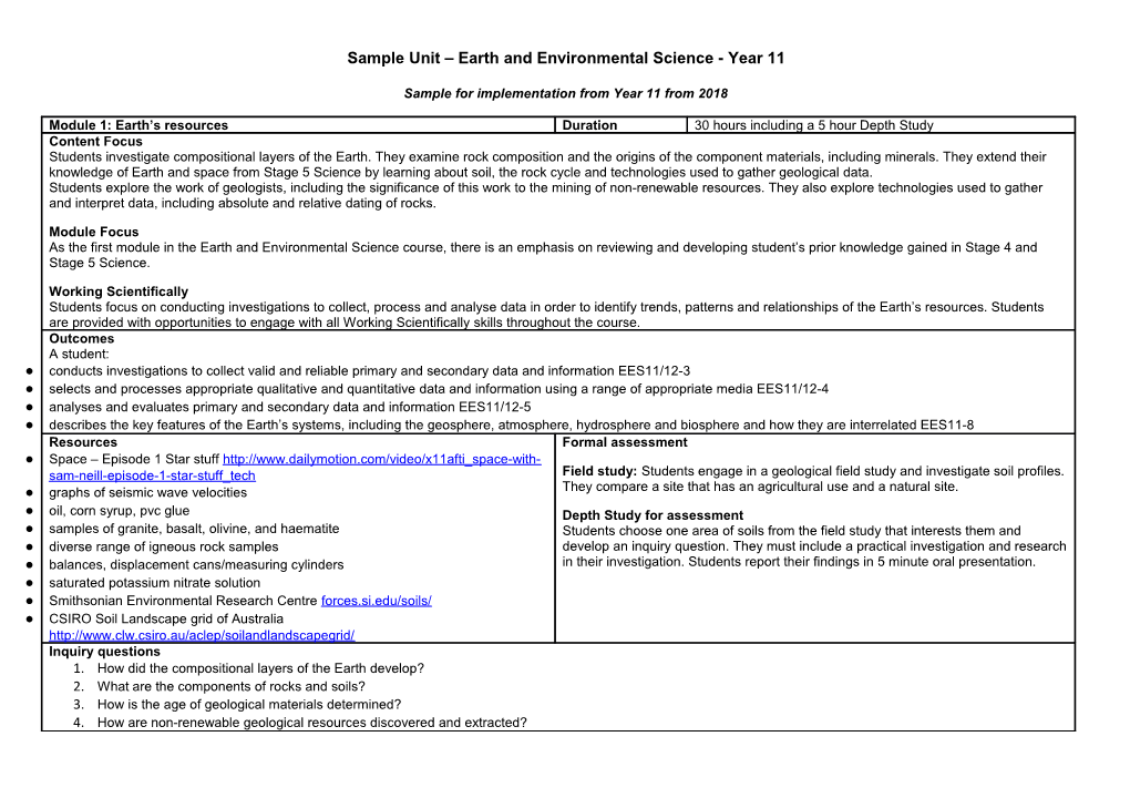 Sample Unit Earth and Environmental Science- Year 11