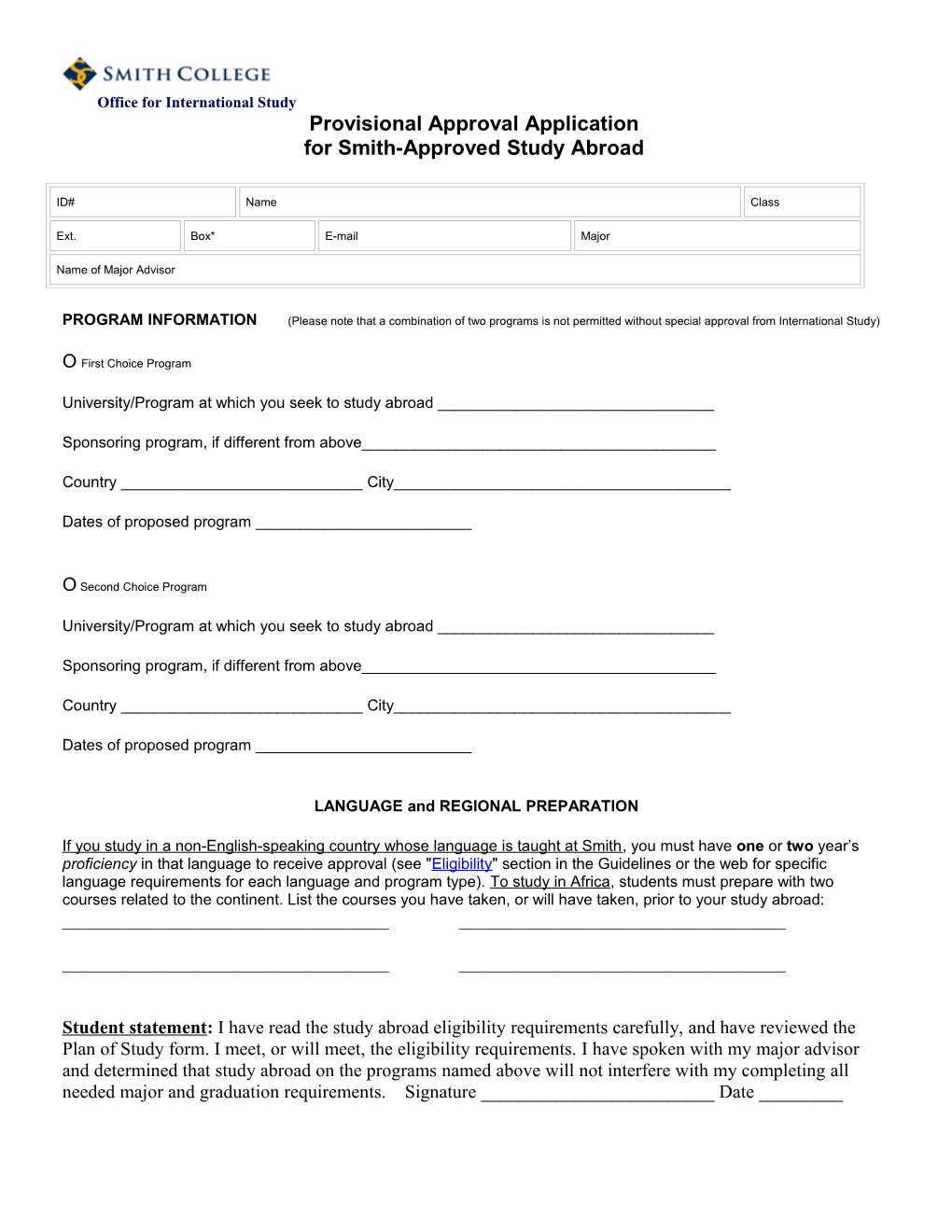 Provisional Approval Application for Smith-Approved Study Abroad