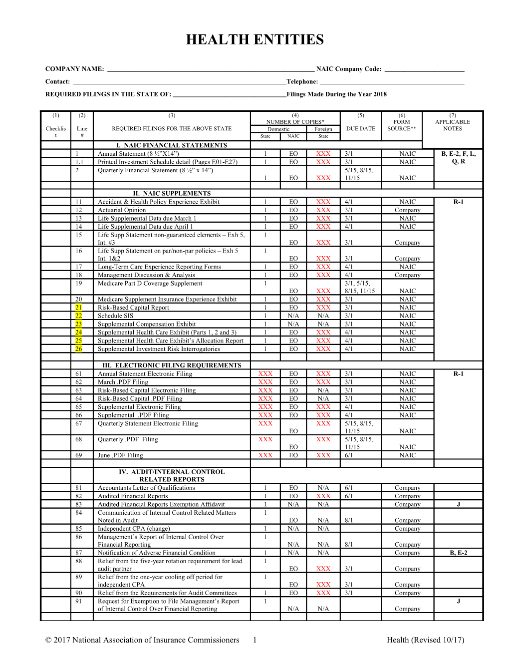 REQUIRED FILINGS in the STATE OF: Filings Made During the Year 2018