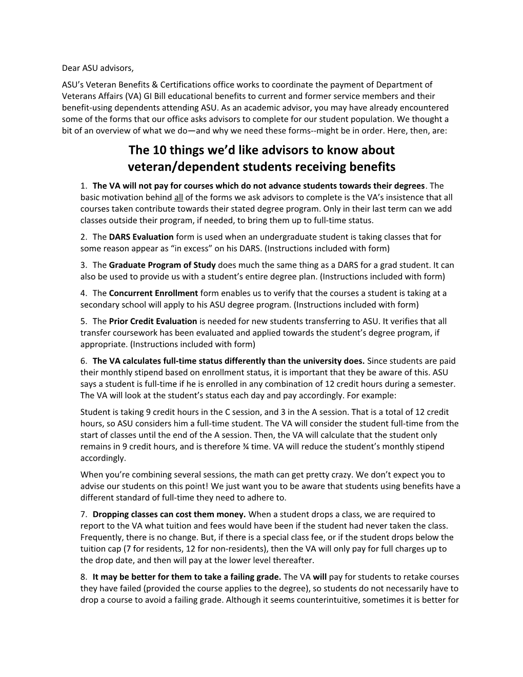 The 10 Things We D Like Advisors to Know About Veteran/Dependent Students Receiving Benefits