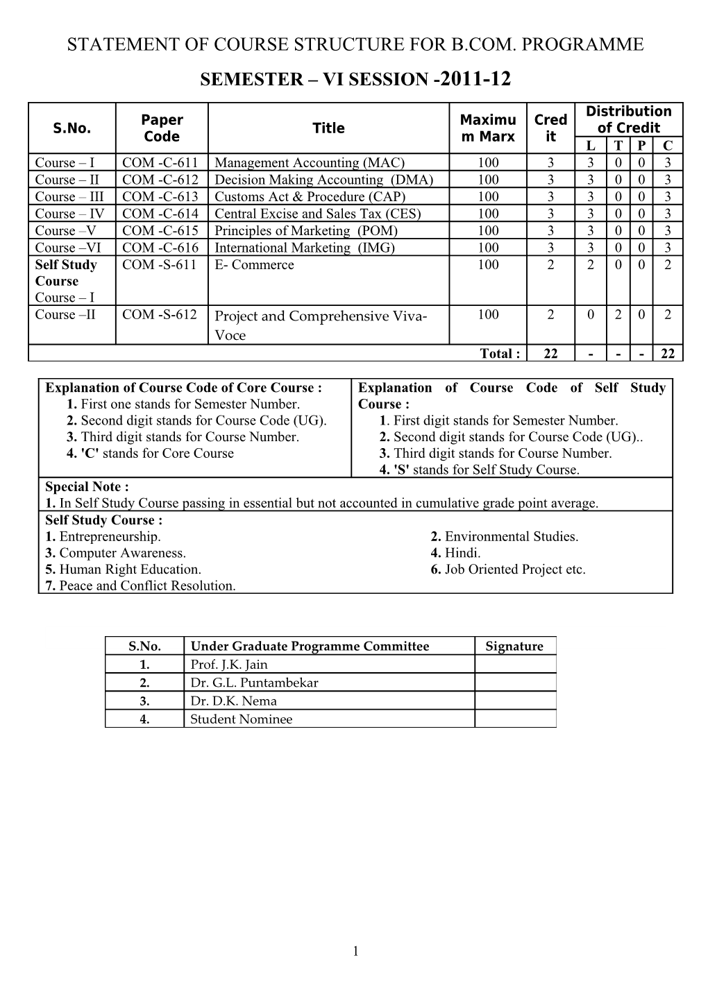 Statement of Course Structure for B