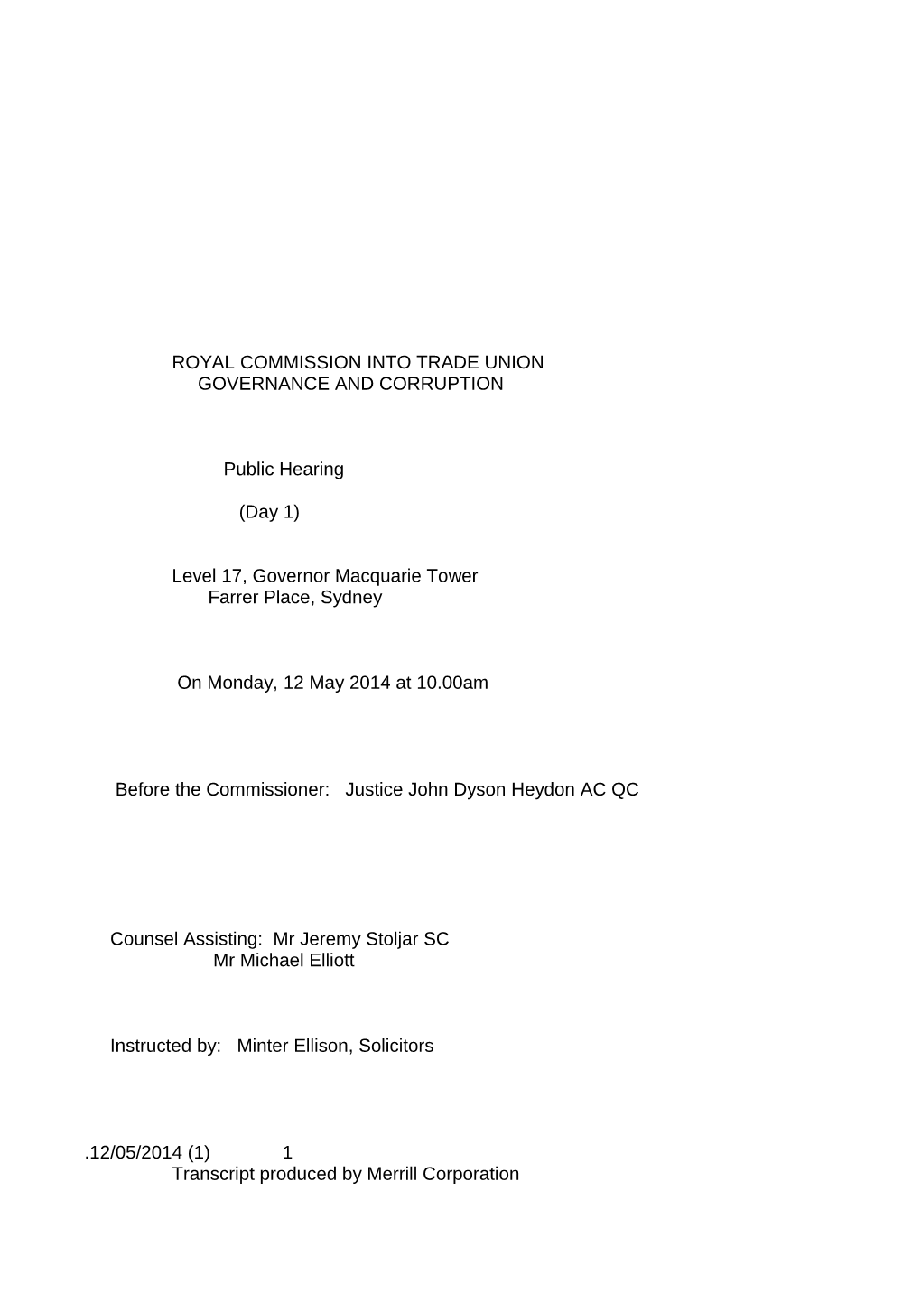 Trade Union Royal Commission Transcript for 12 May 2014