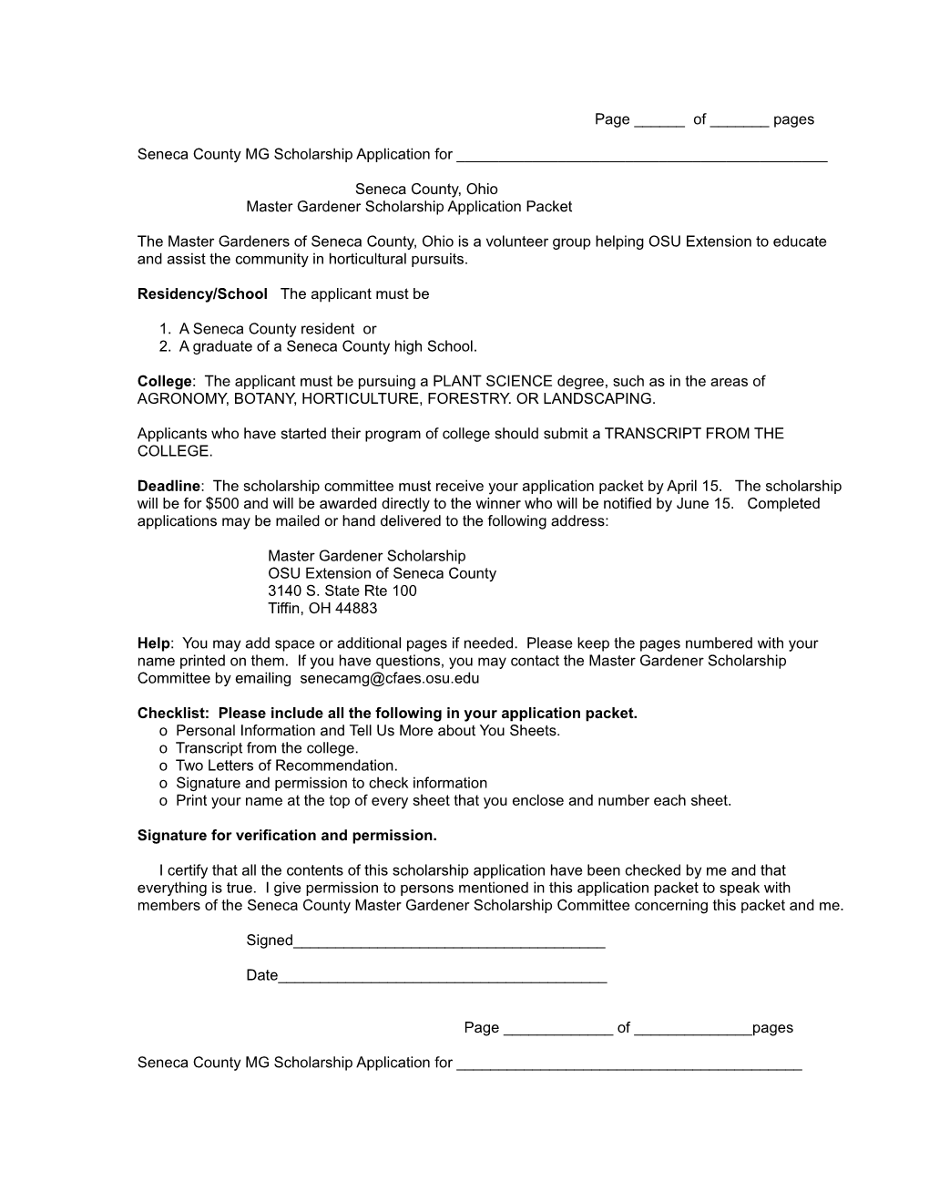 Seneca County MG Scholarship Application for ______