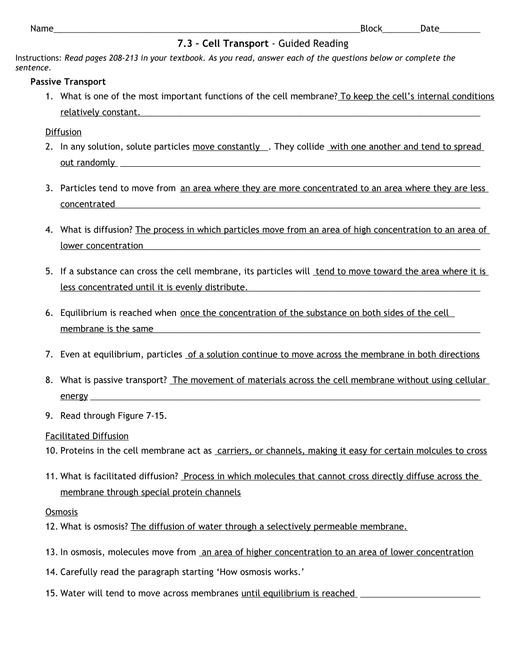 7.3 Cell Transport - Guided Reading