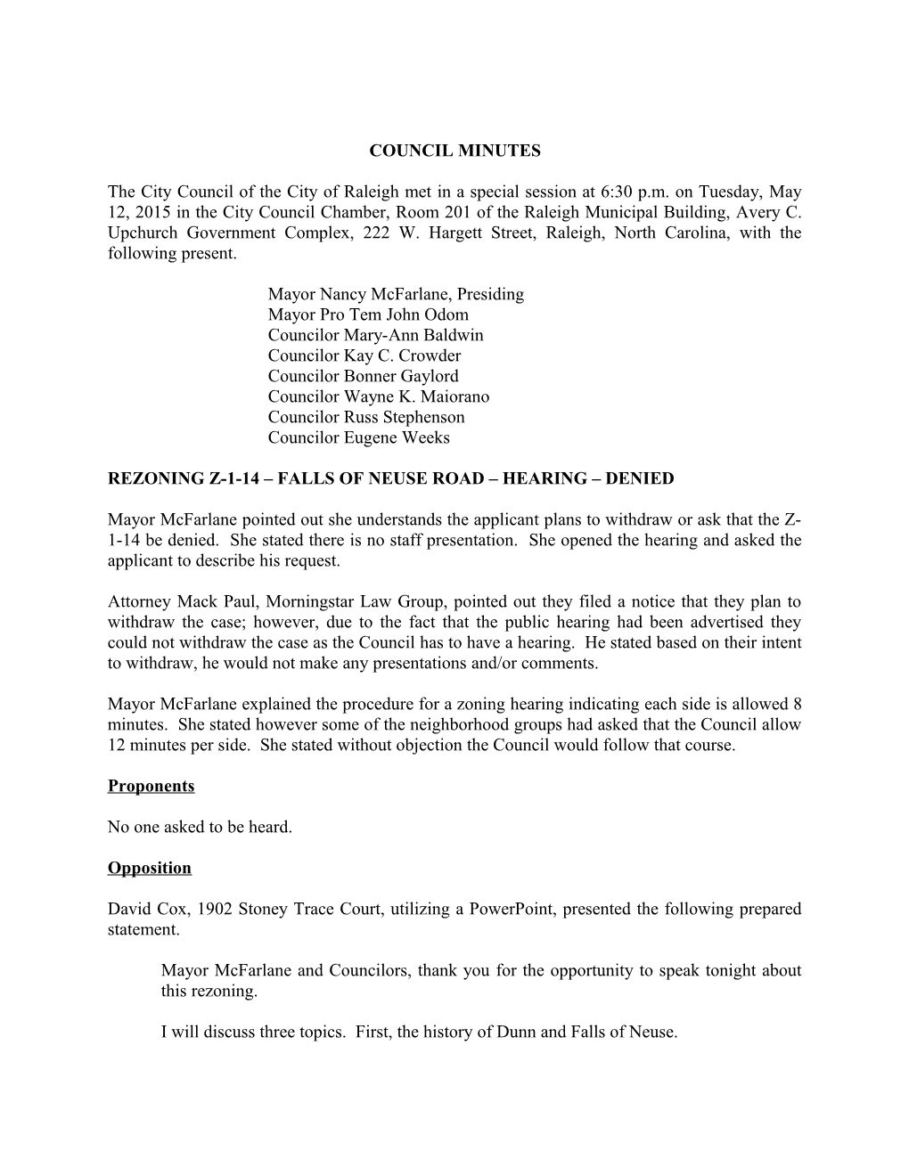 Raleigh City Council Minutes - 05/12/2015