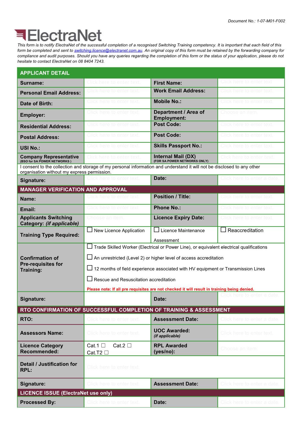 Electranet Switching Licence Application Form