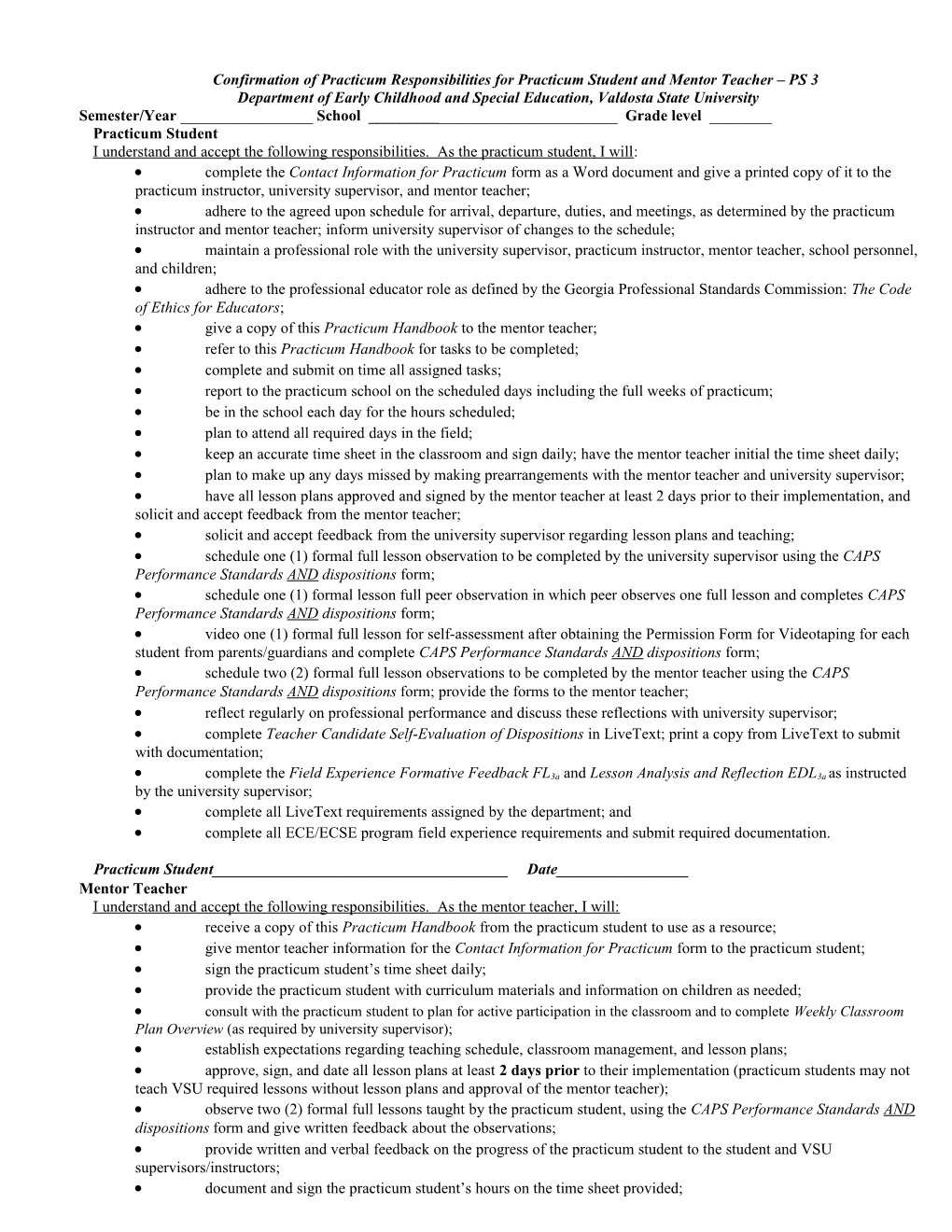 Confirmation of Practicum Responsibilities for Practicum Student and Mentor Teacher PS 3