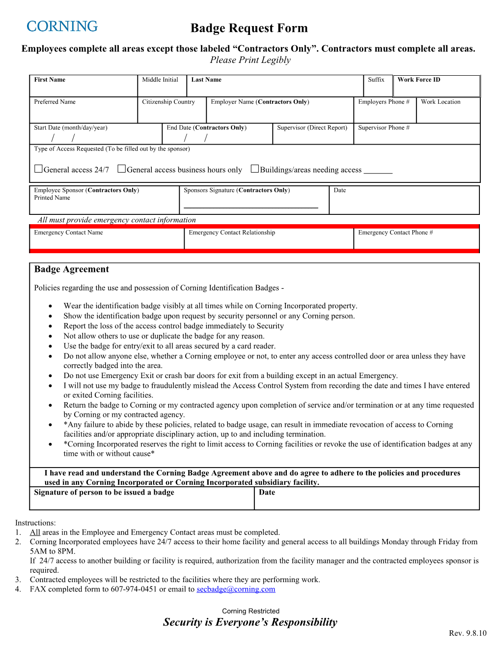 Access Control Employee/Contractor/Service Information Form