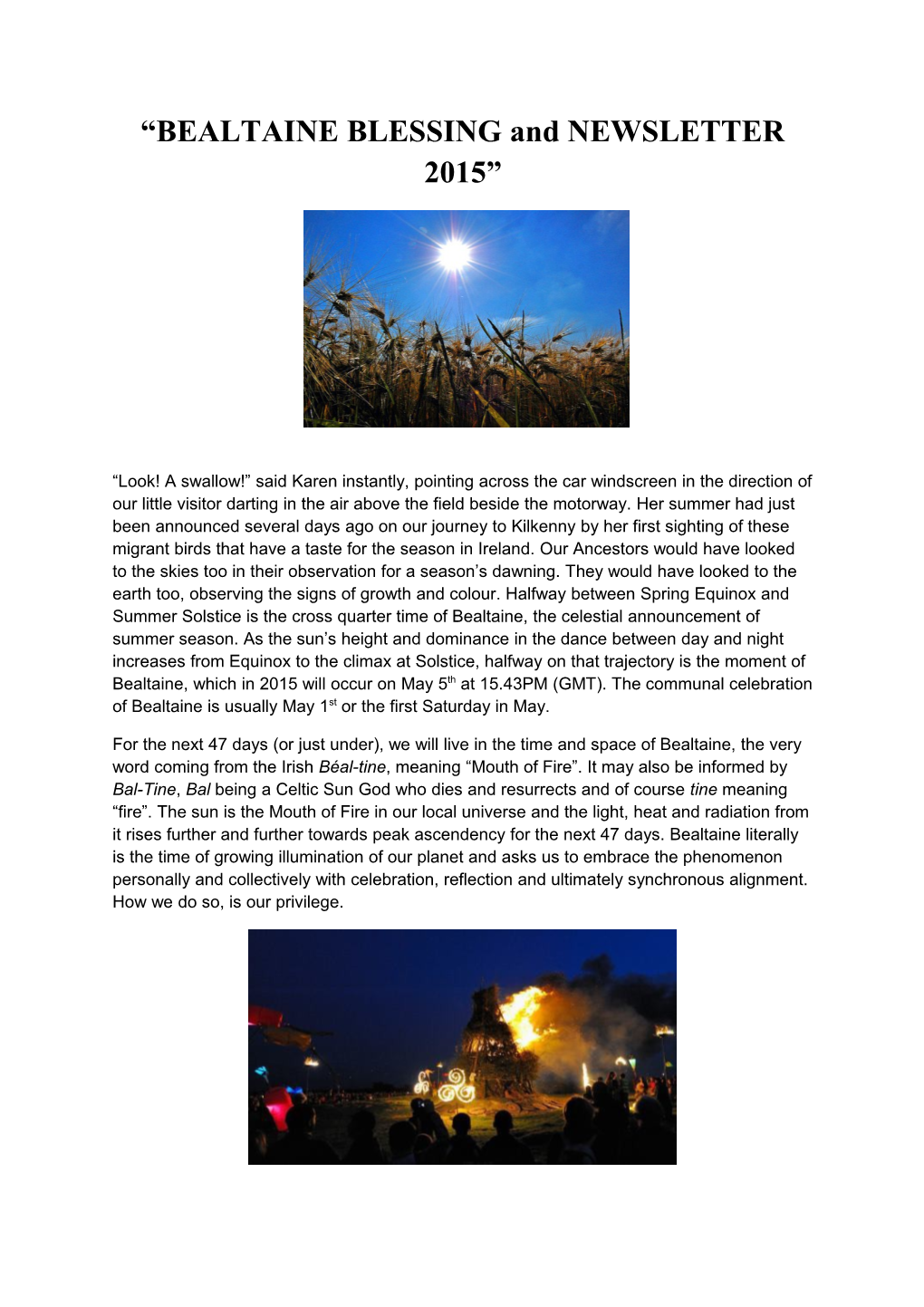 BEALTAINE BLESSING and NEWSLETTER 2015