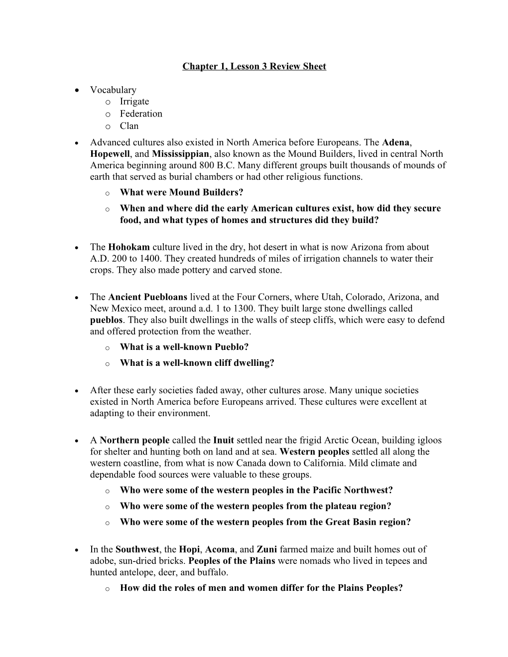 Chapter 1, Lesson 3 Review Sheet