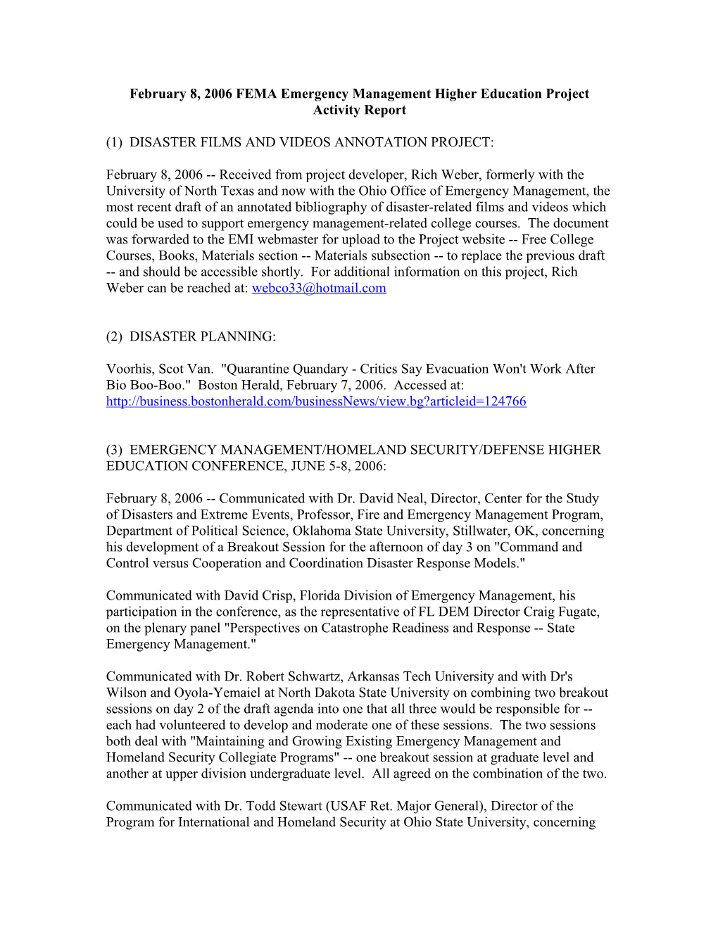 February 8, 2006 FEMA Emergency Management Higher Education Project Activity Report