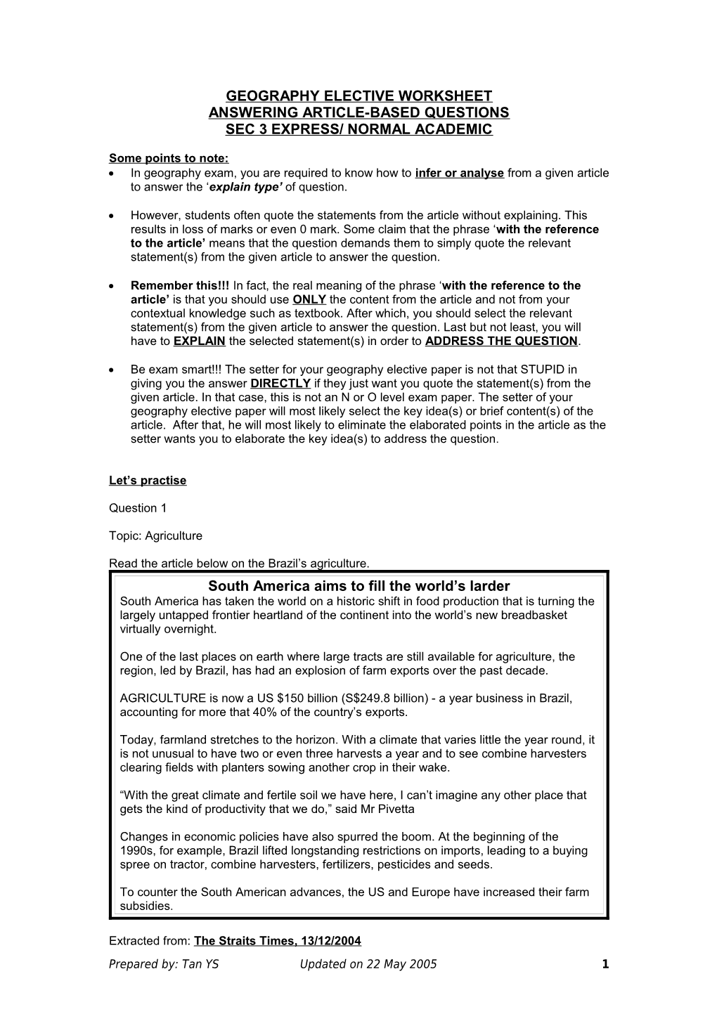 Geography Elective Worksheet