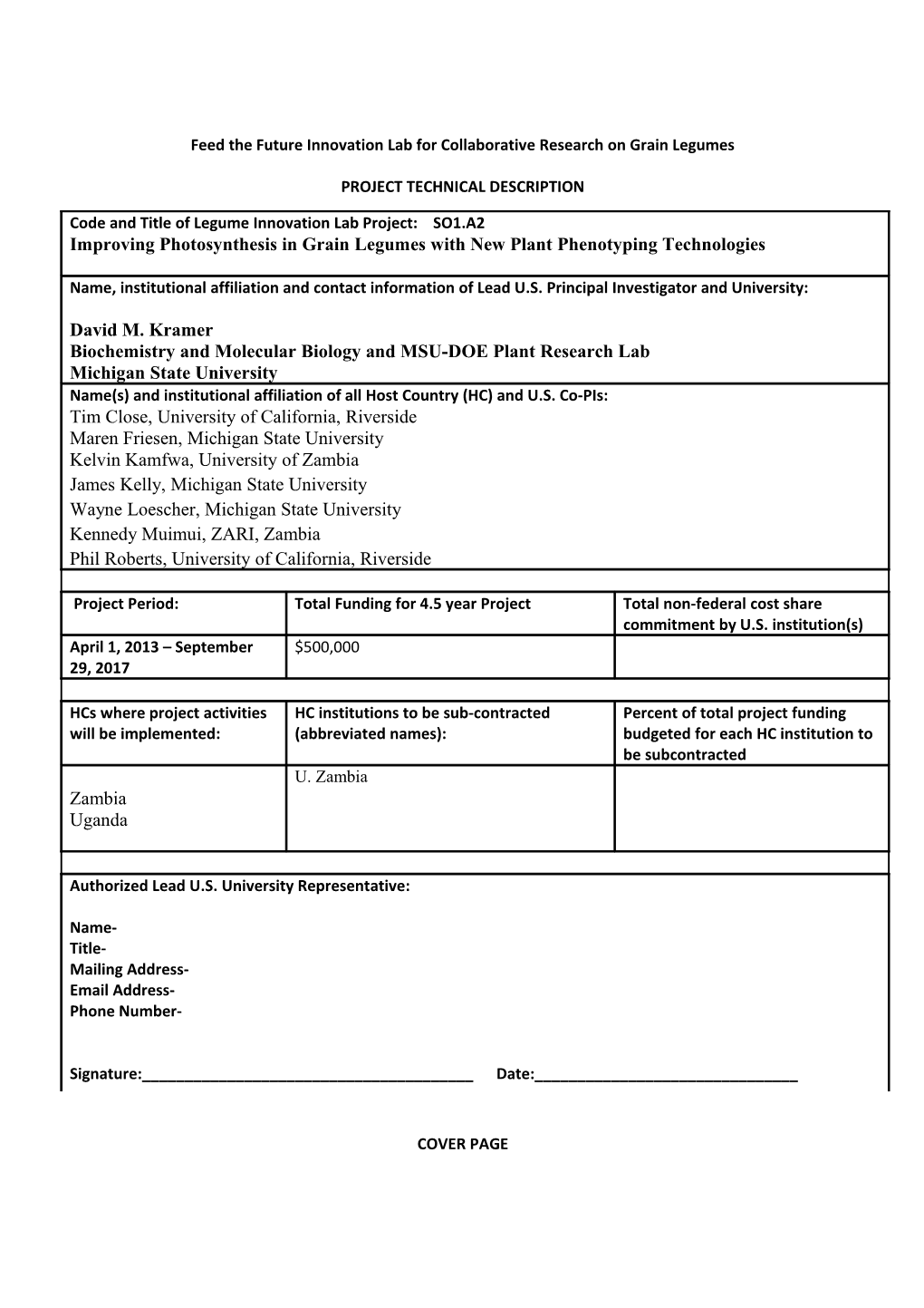 Research and Training Proposal for Bean/Cowpea CRSP