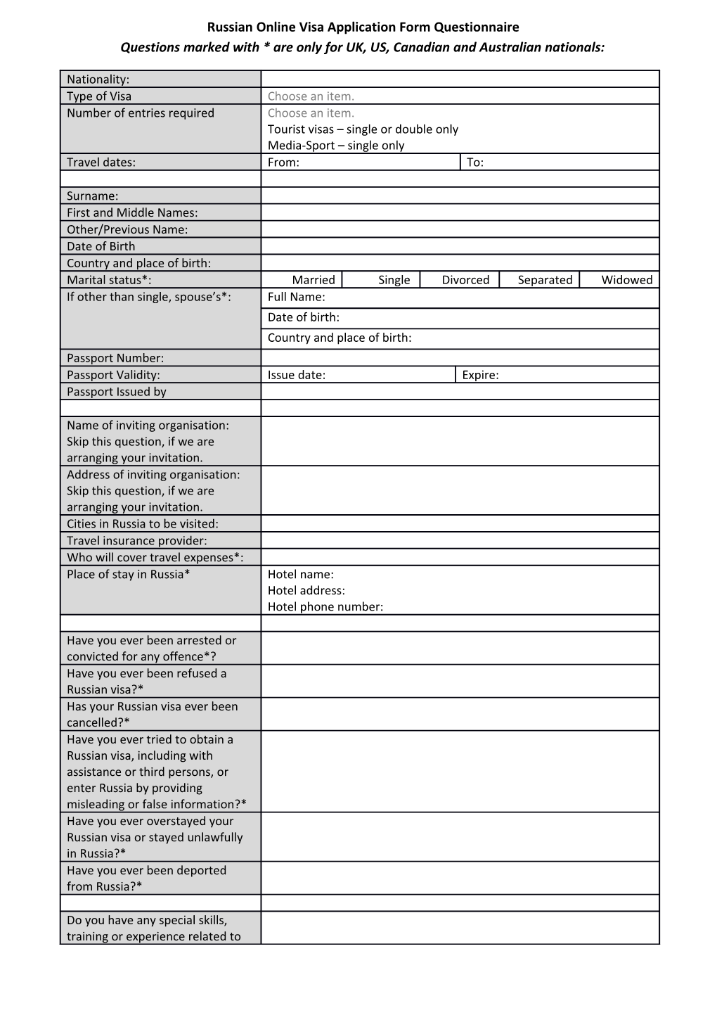 Russian Online Visa Application Form Questionnaire