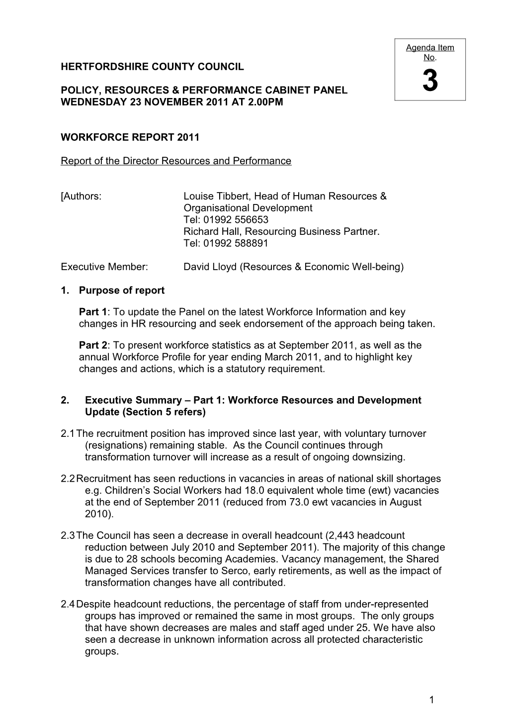 Policy, Resources & Performance Cabinet Panel Wednesday 23 November 2011 at 2.00Pm Item