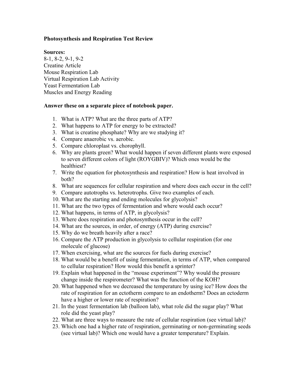 Photosynthesis and Respiration Test Review