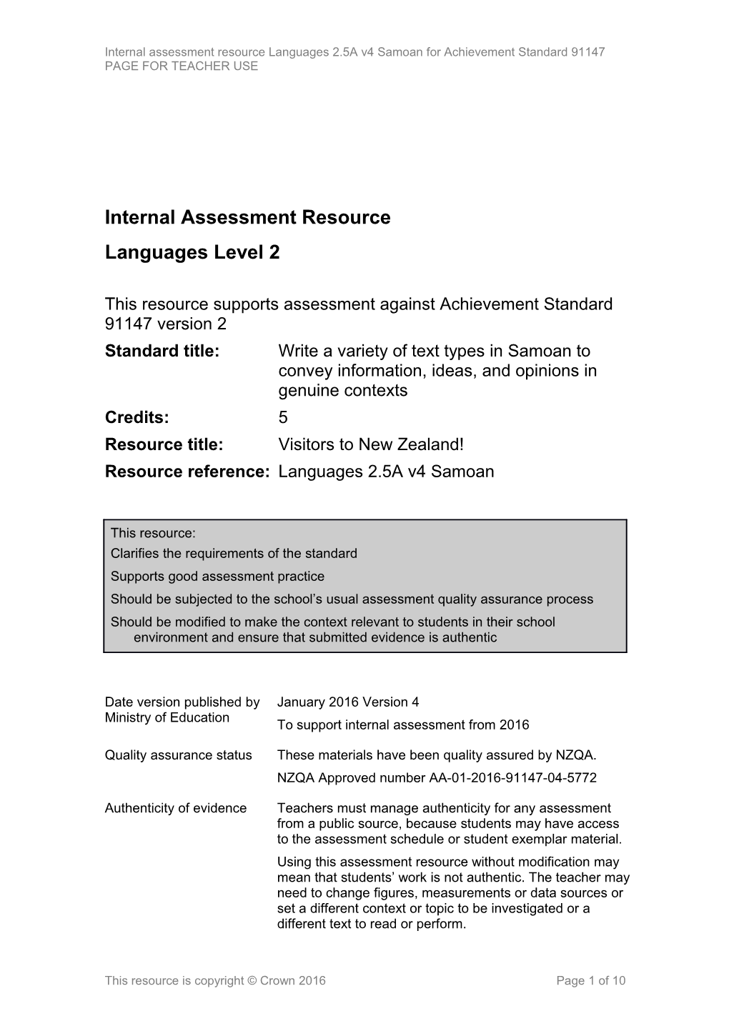 Level 2 Languages Samoan Internal Assessment Resource