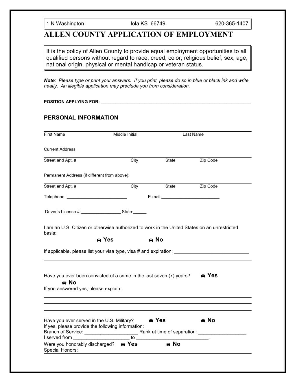 Allen County Application of Employment