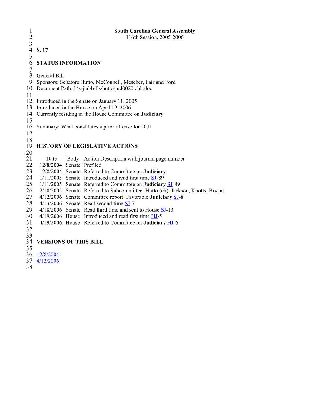 2005-2006 Bill 17: What Constitutes a Prior Offense for DUI - South Carolina Legislature Online