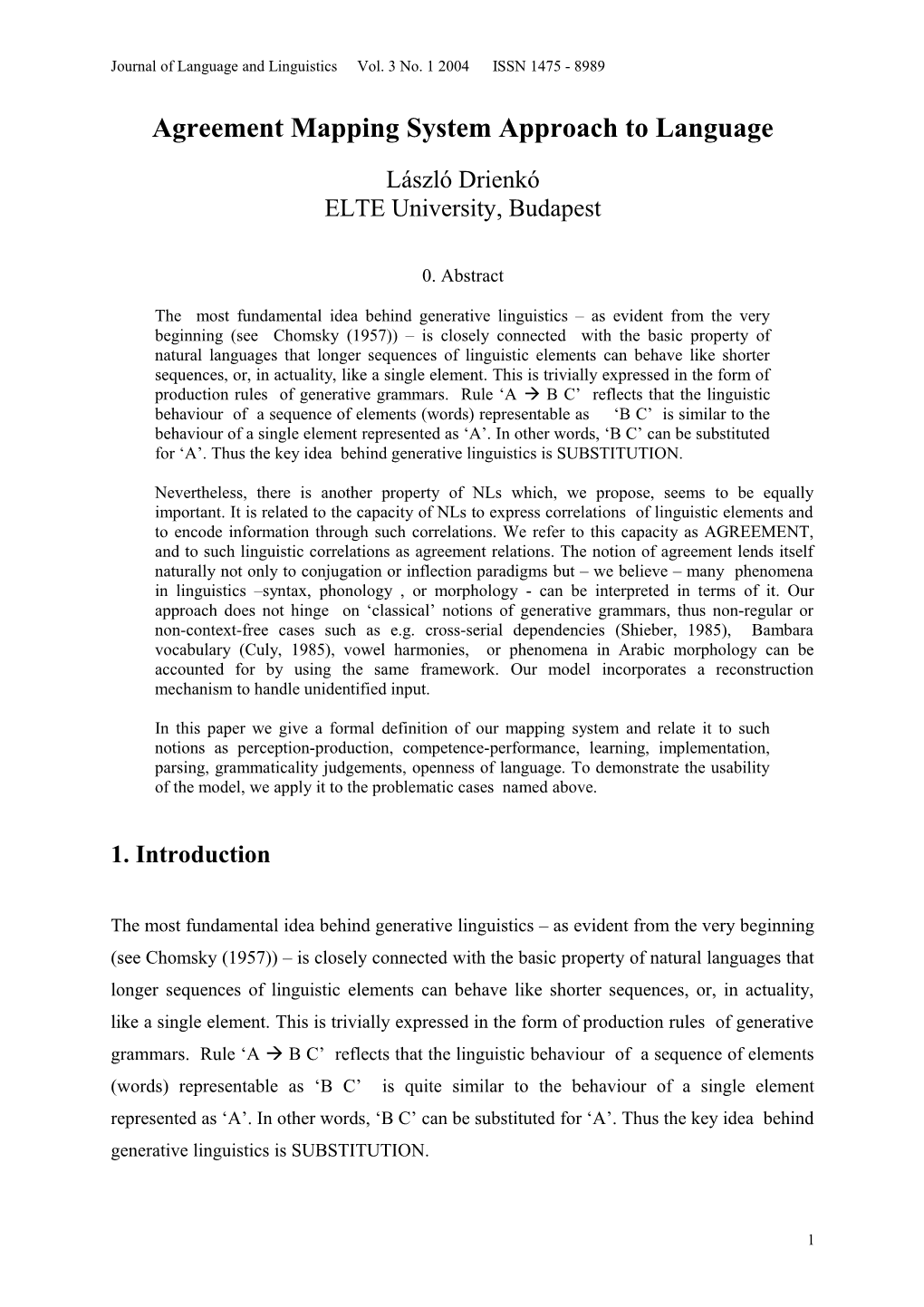 Agreement Mapping System Approach to Language