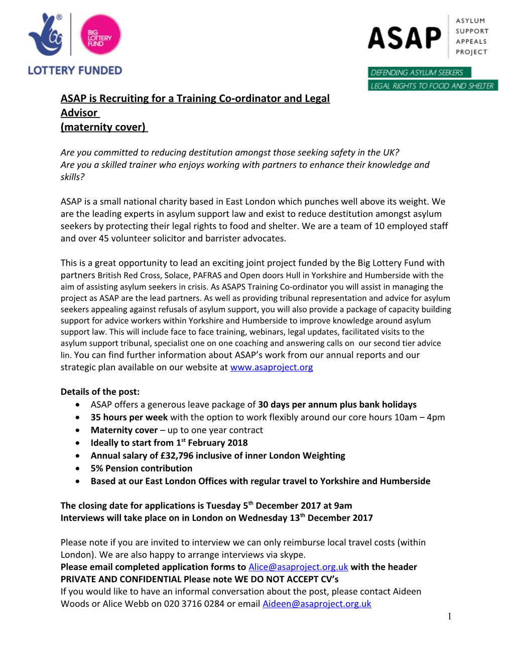 ASAP Is Recruiting for a Training Co-Ordinator and Legal Advisor