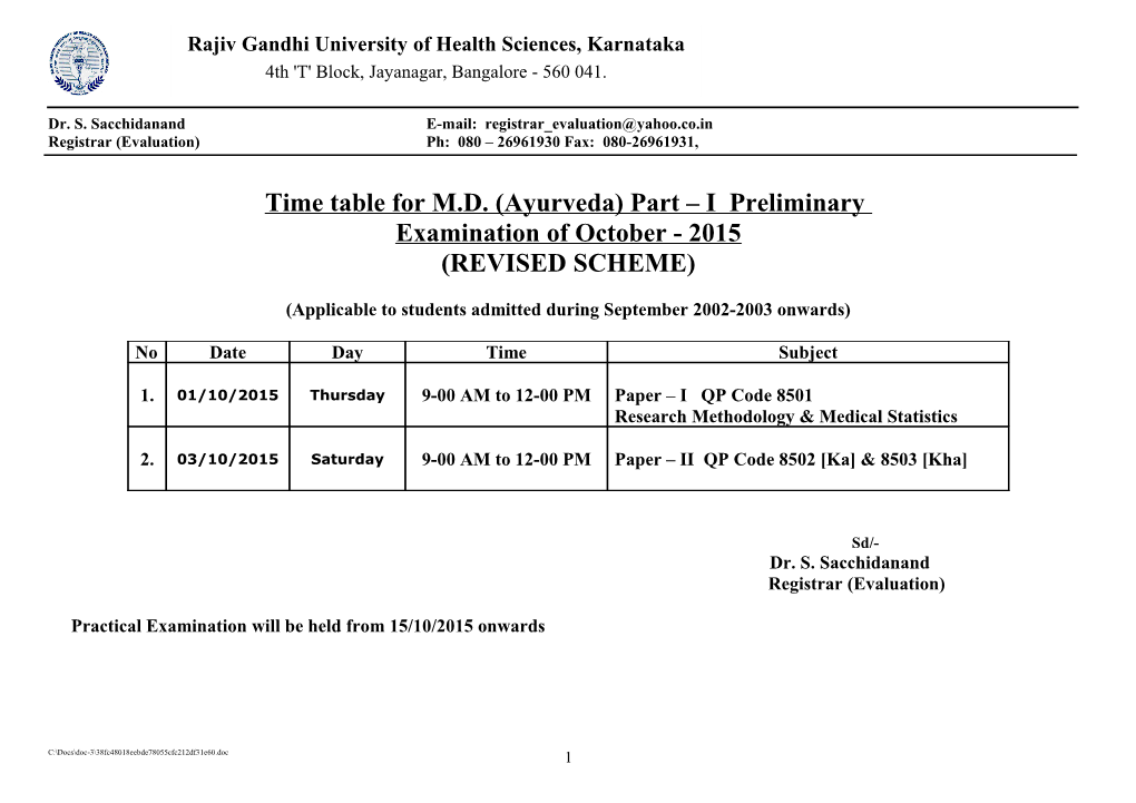 Time Table for M