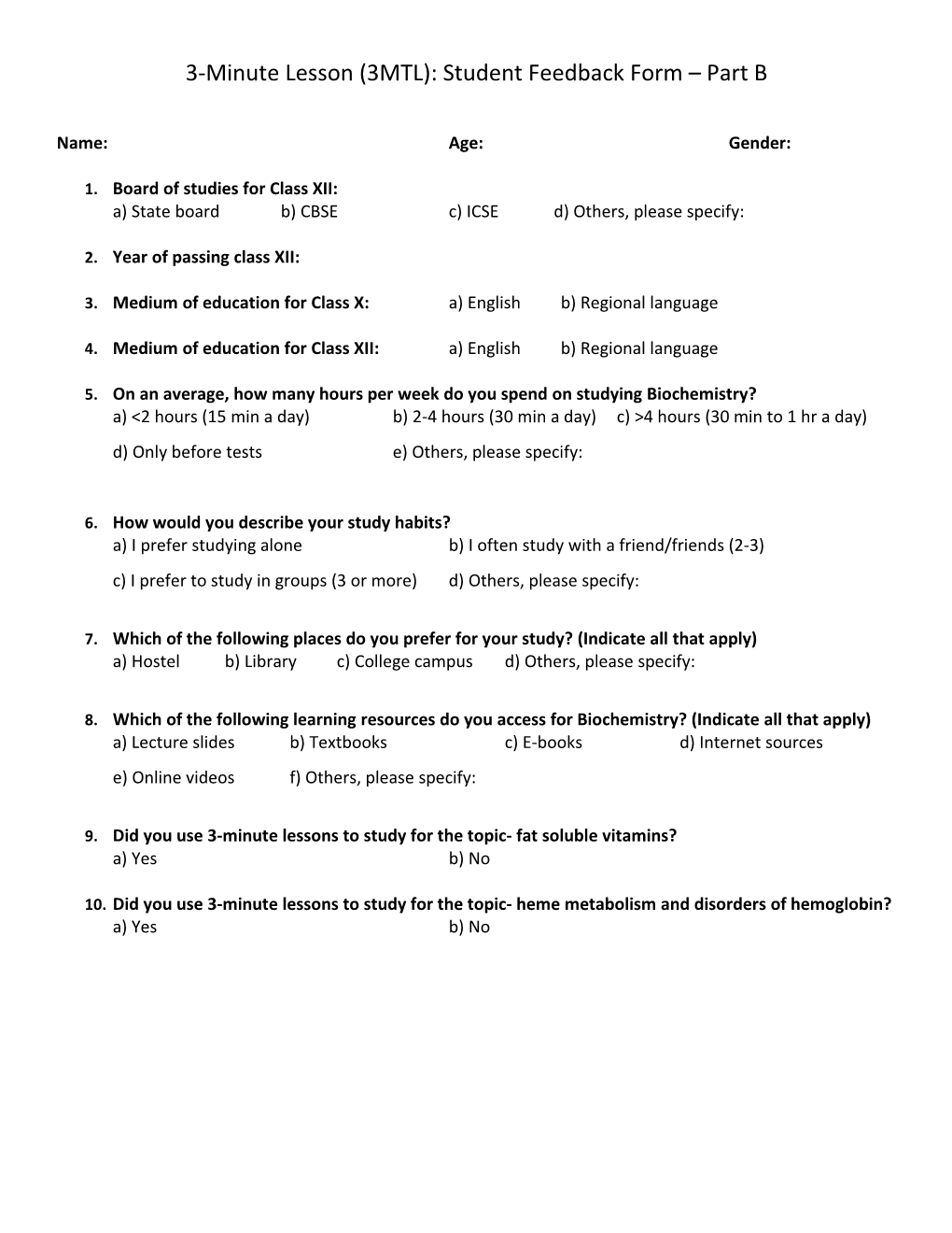 3-Minute Lesson (3MTL): Student Feedback Form Part B