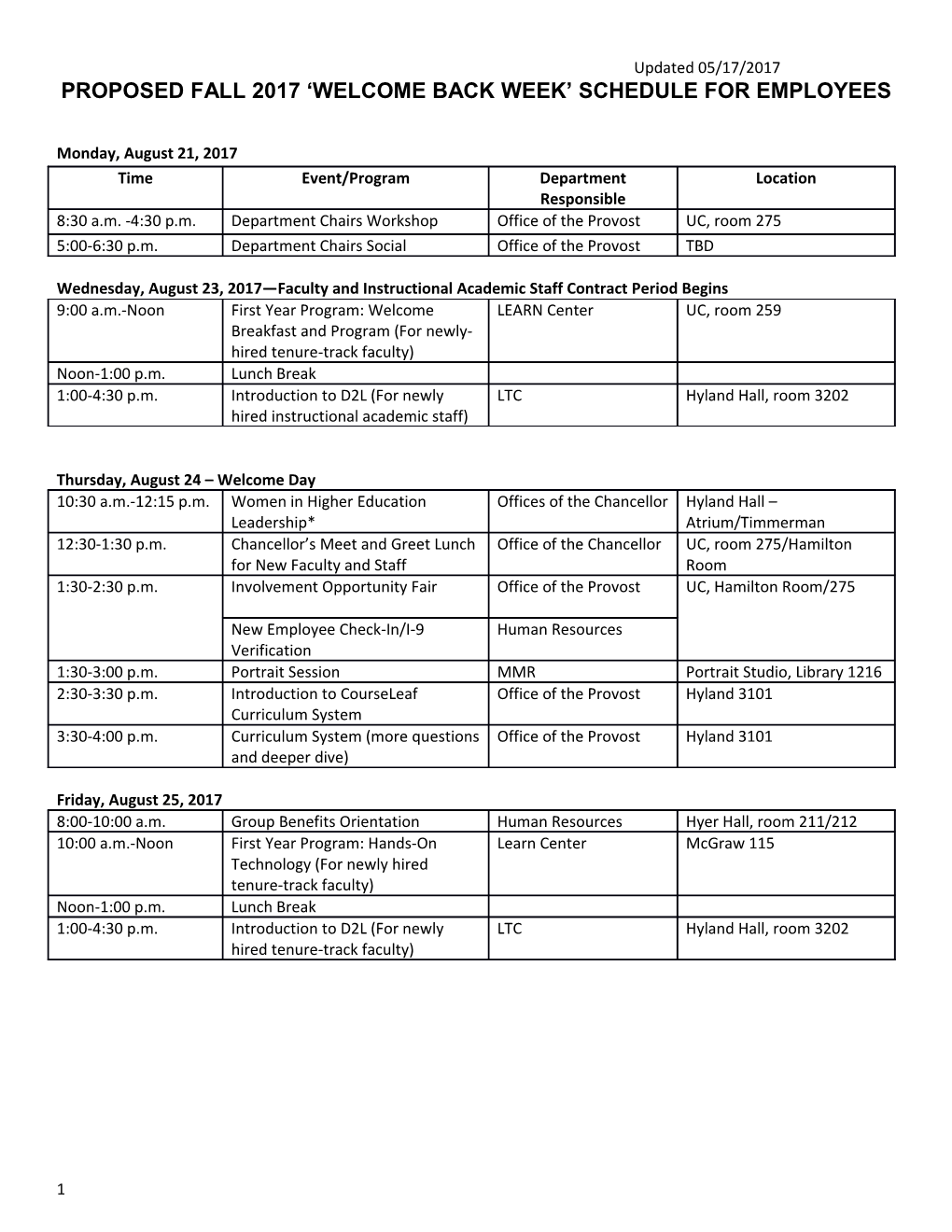 Proposed Fall 2017 Welcome Back Week Schedule for Employees