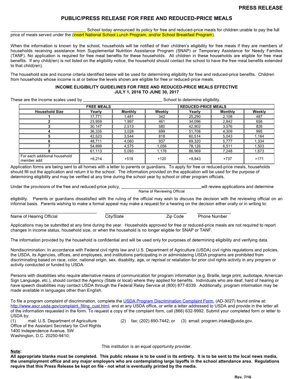 Public/Press Release for Free and Reduced-Price Meals