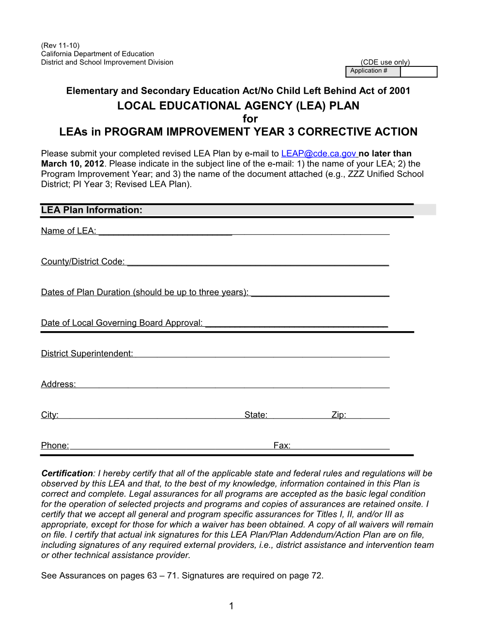 LEA Plan Template for Leas in PI Year 3 - Title I, Part A-Accountability (CA Dept of Education)