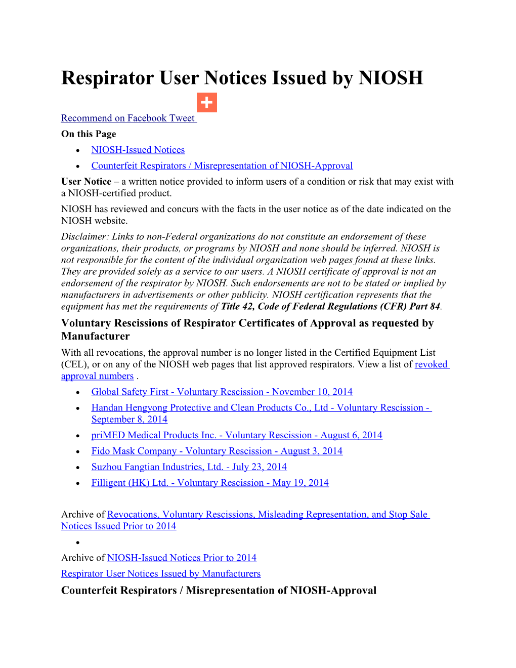 Respirator User Notices Issued by NIOSH